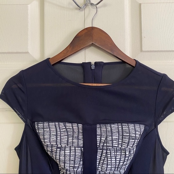 Cache Vintage Snake Print Blue Print Sheer Neck Mesh Panel Cap Sleeve Dress - Picture 3 of 7